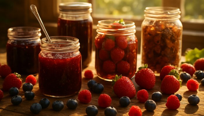 Rustic table with jars of berry jams, syrups, and fresh strawberries, blueberries, raspberries in sunlight.