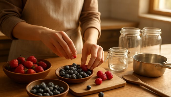 Beginner arranging fresh berries, jars, and tools on wooden counter in sunlit kitchen for berry compote