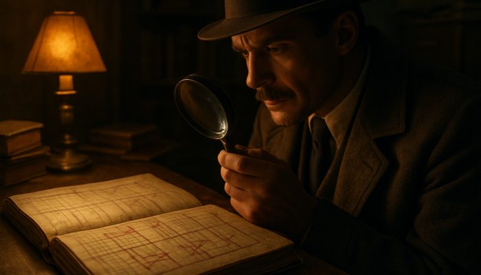 Vintage detective examining settled accounts in dusty ledger with magnifying glass