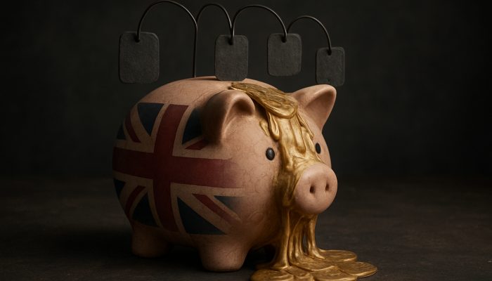 UK piggy bank with melting pound coins under fee labels, symbolising savings erosion