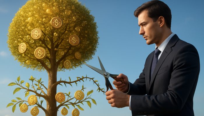 Investor pruning fee vines from portfolio tree to reveal lower-cost returns under transparent sky