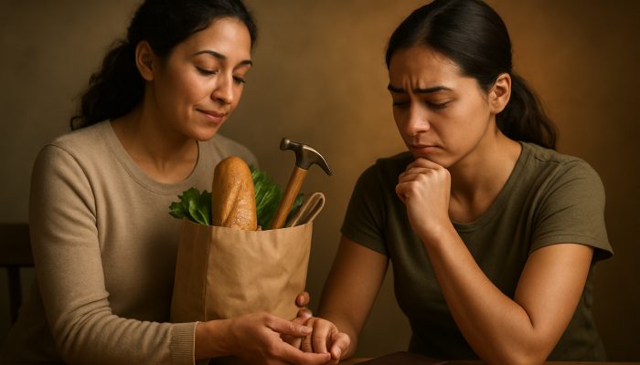 Person offering groceries and advice to friend, closed wallet nearby, symbolizing financial boundaries
