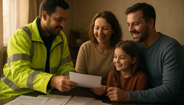 UK council worker handing grant approval papers to relieved family amid bills and documents