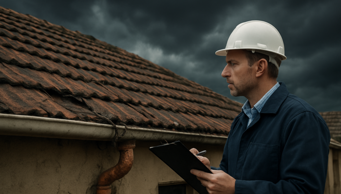 Professional inspector evaluates a cracked roof and exposed wires on an old home in Springs under a stormy sky.