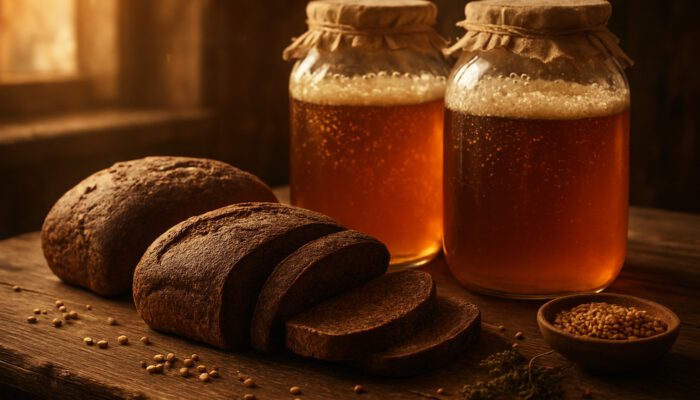 Rustic table with rye bread loaves and jars of bubbling homemade kvass in warm light