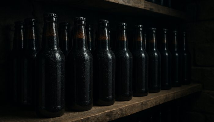 Dark glass kvass bottles with condensation on wooden cellar shelves, shielded from sunlight.