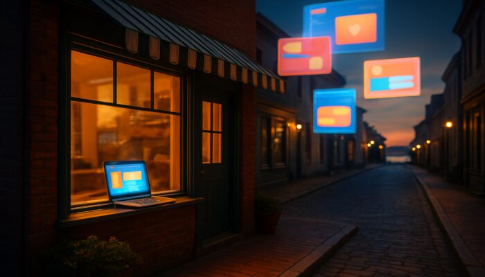 Wareham small business storefront at dusk with laptop digital ads and floating banners overhead