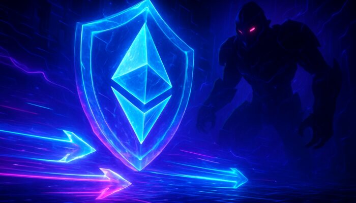 Cyberpunk arena with glowing Ethereum transactions shielded by crystalline armor from shadowy MEV bots in neon blues and purples.