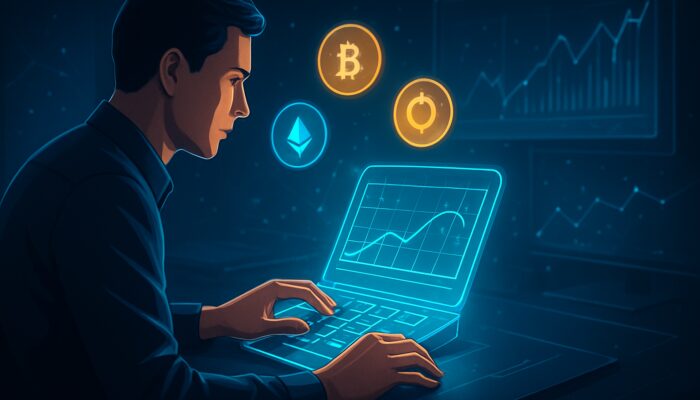 Trader inputs crypto data into glowing holographic impermanent loss calculator with floating tokens and charts