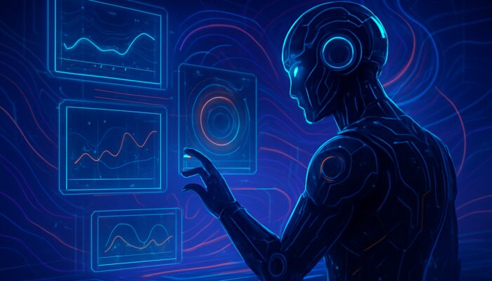 Cybernetic analyst reviewing holographic accuracy, precision, recall, and F1-score metrics with hyperparameter graphs