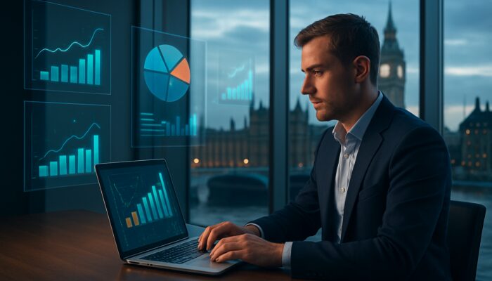 British entrepreneur analysing website traffic and local SEO metrics in a London office overlooking Big Ben.