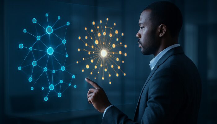 Analyst examining holographic LinkedIn audience maps illustrating enterprise clusters in B2B hosting visualisation.