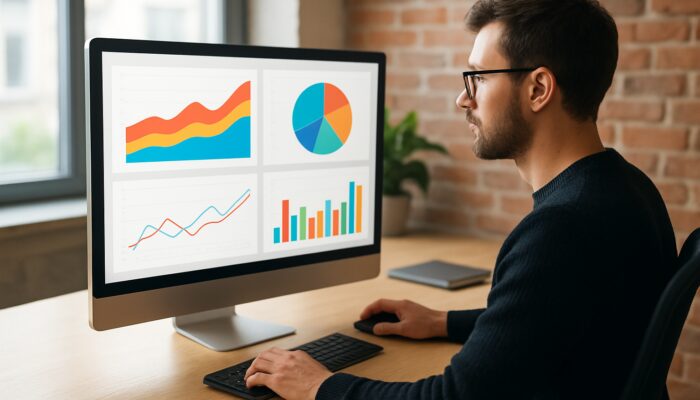 Web designer reviewing Google Analytics dashboards with colorful KPI charts in Marlborough office