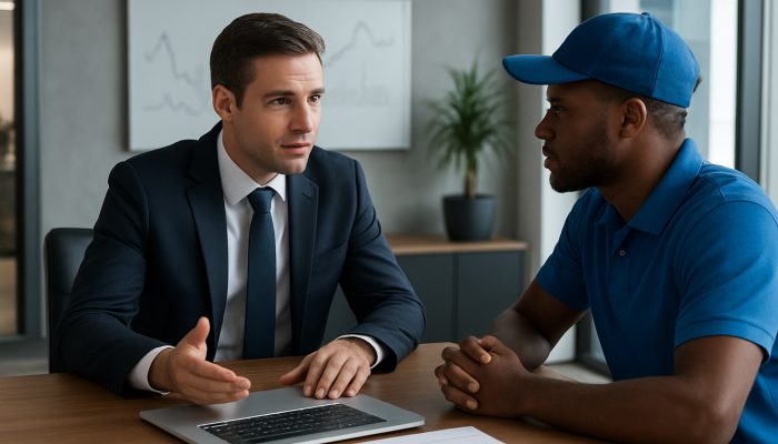 British financial advisor reviews gig earnings charts with delivery driver in modern office for debt consolidation advice