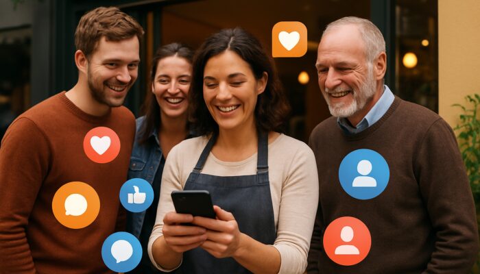 Wellington café owner sharing Instagram promotions with smiling locals and social icons