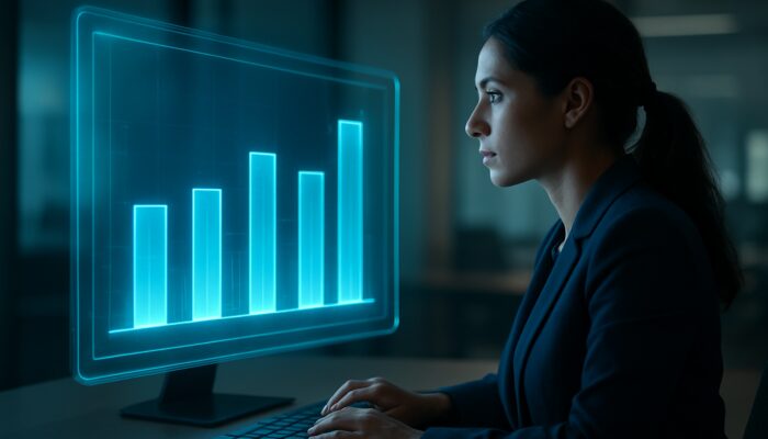 Marketer analysing holographic dashboard displaying glowing bar charts that compare video ad engagement rates to industry benchmarks.