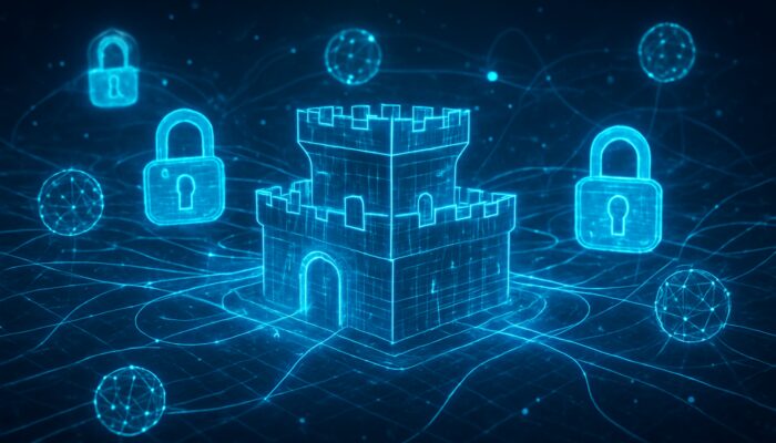 Futuristic digital fortress with luminous data streams and glowing locks symbolising secure database management.