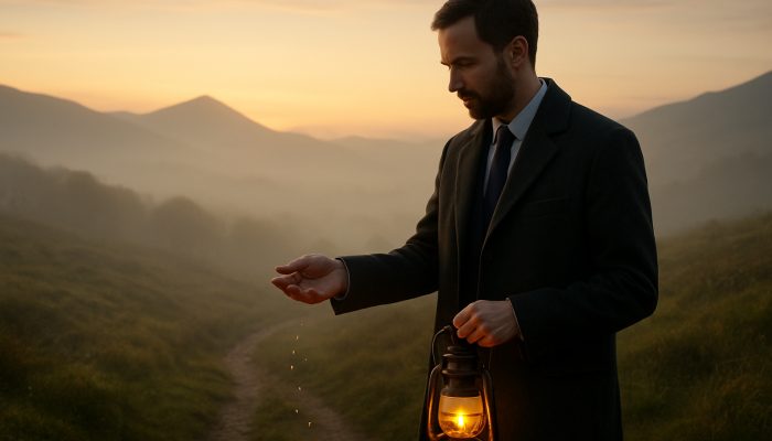 Serene UK professional with lantern tends symbolic seeds on misty hillside at dawn