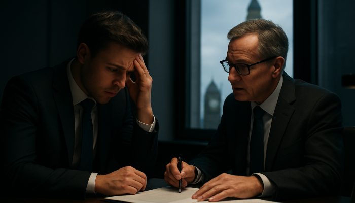 Concerned UK entrepreneur discusses business liability contracts with solicitor in a sleek London office near Big Ben.