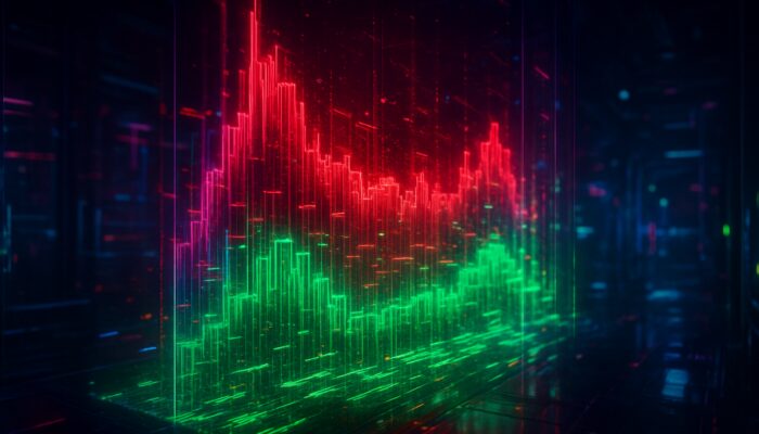 Cyberpunk holographic limit order book with glowing green bids and red asks displaying market depth and liquidity.