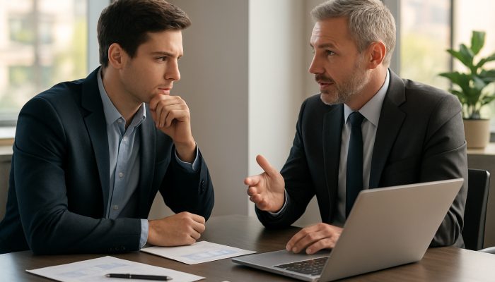 Talking to Your Bank Before Any Big Changes: Essential Tips | DCL Businessperson consulting banker about financial plans at a desk in a sunlit modern office