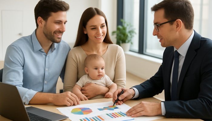 Talking to Your Bank Before Any Big Changes: Essential Tips | DCL Young family with baby reviews savings charts with a banker in a modern office.