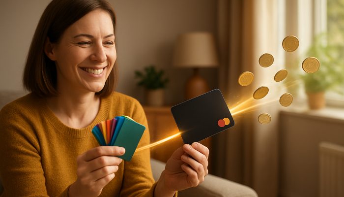 Smiling British shopper merges colourful store cards into one sleek low-interest card with flowing coins in cozy UK living room.