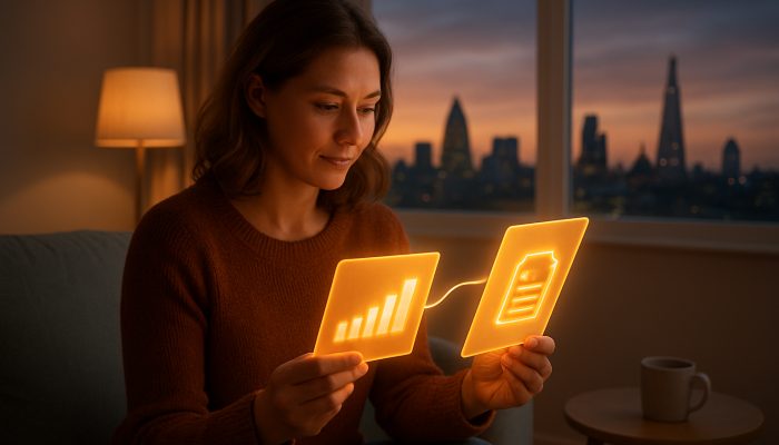 British shopper merges glowing store cards into consolidation loan with interest charts in London flat at dusk