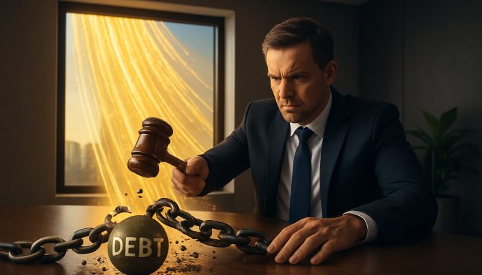 Restructuring Business Debts Before New Funding | DCL CEO shattering debt chains with gavel as golden funding streams into modern boardroom