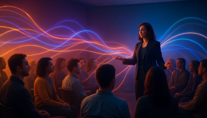 Vibrant event space with glowing threads connecting a diverse audience to a central organiser