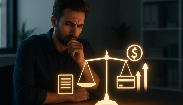 Individual weighing a loan document against a credit card on glowing scales in a modern office with savings icons.