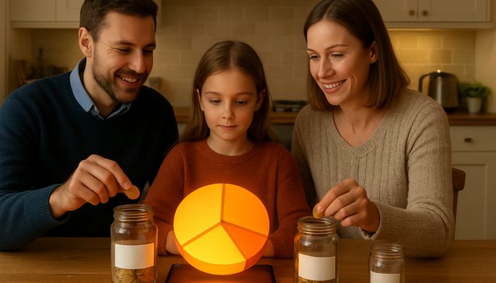 British family reviewing 50/30/20 pie chart with labeled savings jars in kitchen