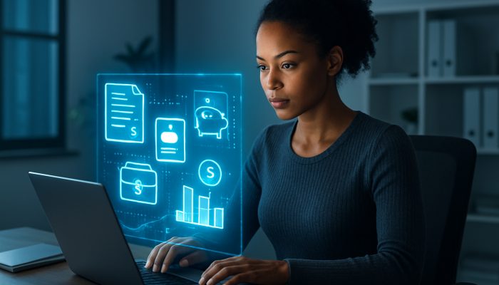 Person reviewing glowing financial dashboard showing salary, pension, and side hustle icons in modern office
