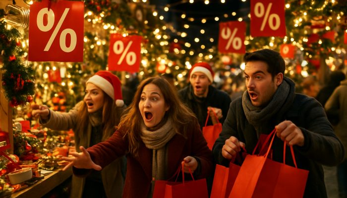 Excited shoppers grabbing discounted festive goods at a vibrant UK Christmas market with glowing lights and sale signs.