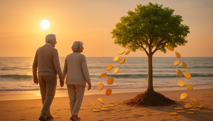 Elderly couple strolling sunset beach as golden coins from pensions grow into retirement tree.