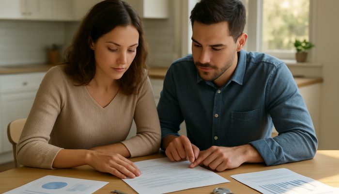 Closing Down Unused Joint Credit Lines: Essential Steps | DCL Couple reviewing joint mortgage documents at sunlit kitchen table with repayment charts and keys