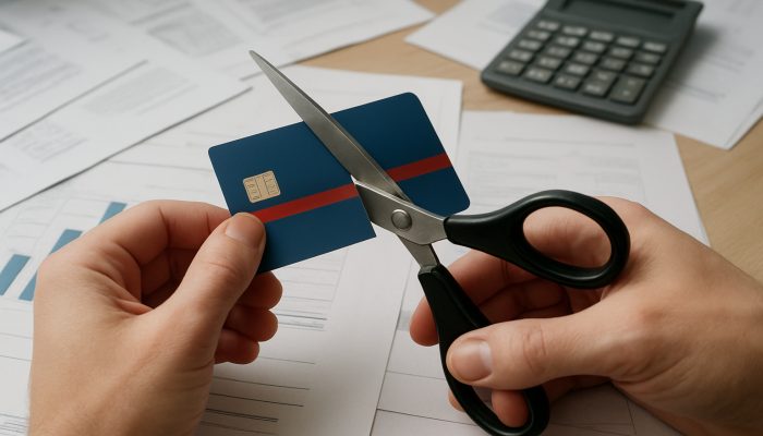 Closing Down Unused Joint Credit Lines: Essential Steps | DCL Hands cutting shared credit card with scissors amid financial papers on desk.
