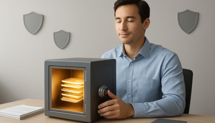 Closing Down Unused Joint Credit Lines: Essential Steps | DCL Person sealing glowing vault of unused credit cards with shields in minimalist office for financial security.