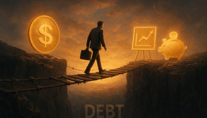 Person crossing fragile bridge over debt abyss, protected by budgets and savings under hopeful sky