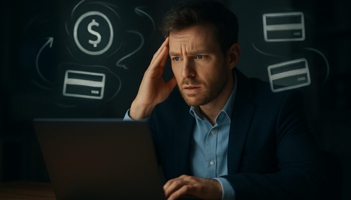Confused UK man stares at laptop bank app showing mismatched available and current balances with pending icons