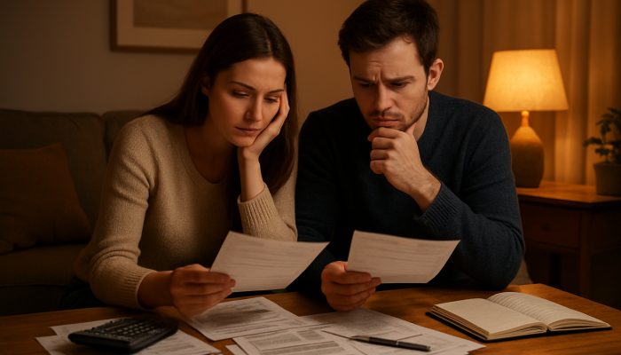 Balancing Rent and Loan Repayments: Essential Money Management | DCL Young couple reviewing rent bills and salary slips on table in cosy UK living room