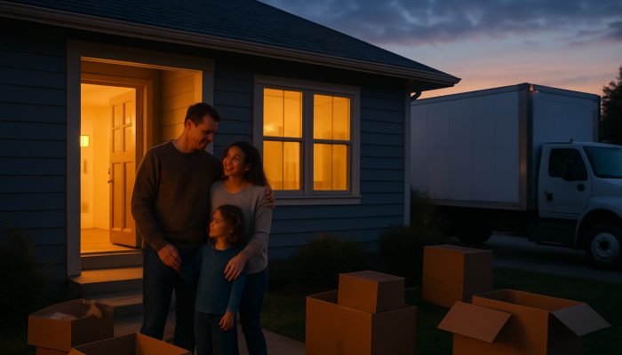 Balancing Rent and Loan Repayments: Essential Money Management | DCL Family unpacks in modest downsized home at dusk with moving truck outside.