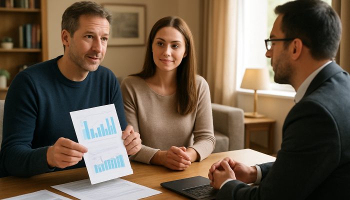 UK homeowner presenting income and credit reports to lender in cozy living room.