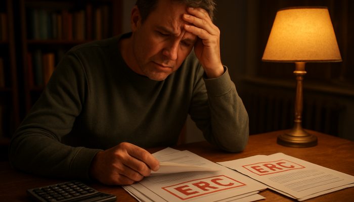Stressed homeowner reviewing ERC fees on mortgage contracts with calculator in cluttered study