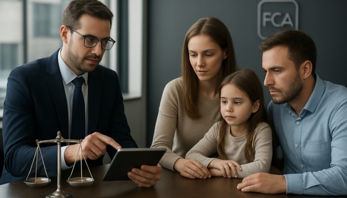 Directing Lenders to Your New Budget: Essential Guidance | DCL British lender reviews family budget on tablet in sleek London office with FCA icons and balanced scales