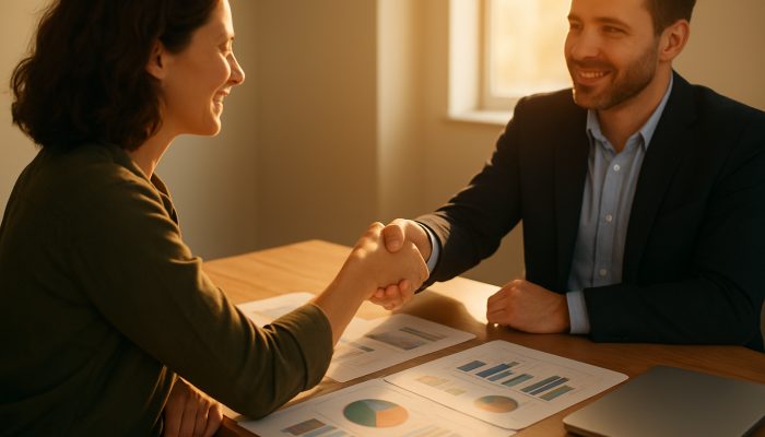 Directing Lenders to Your New Budget: Essential Guidance | DCL Borrower and lender shaking hands over financial charts on sunlit desk, symbolising transparent communication.