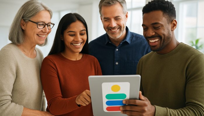 Diverse UK team smiling while using colorful progress tracking app on shared tablet in modern office.