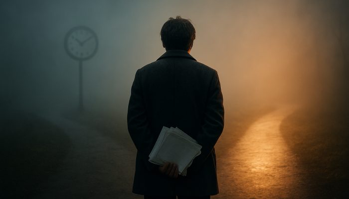 Individual at a misty crossroads holding overdue bills, torn between unclear "wait" and promising "act now" debt paths.
