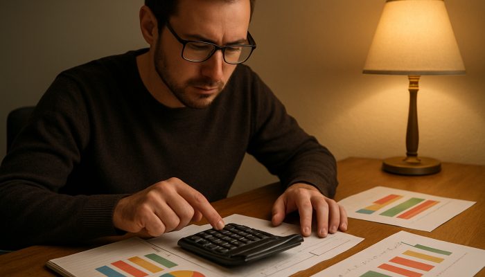 Individual analysing UK income charts and debt repayment budget with calculator at desk