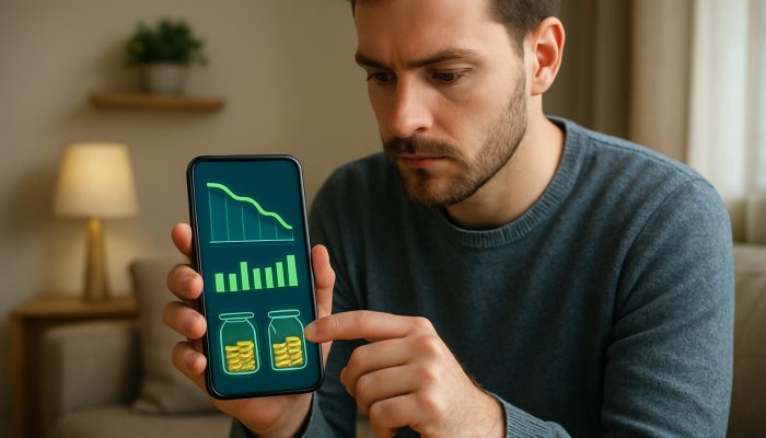 UK renter tracking debts, rent and savings on glowing budgeting app in cozy flat
